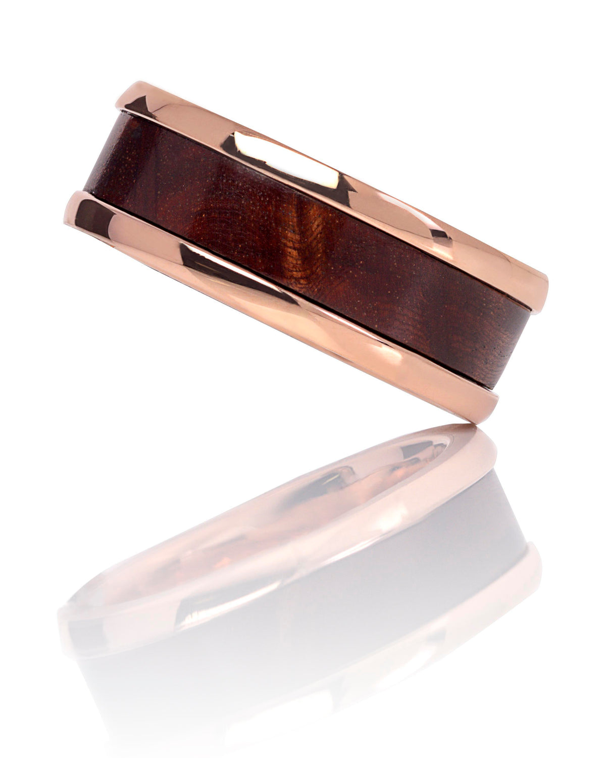 18ct Rose Gold Men's Band with Flame She-oak Timber Inlay