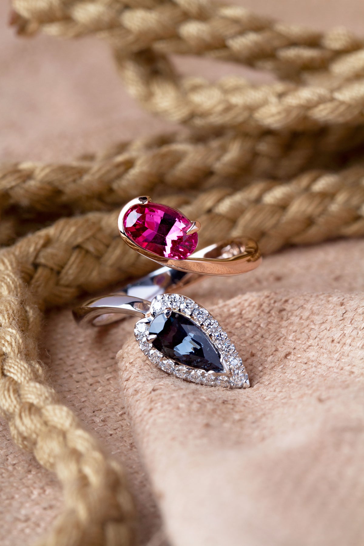 Mahenge pink spinel and Pear cut Grey Spinel Ring