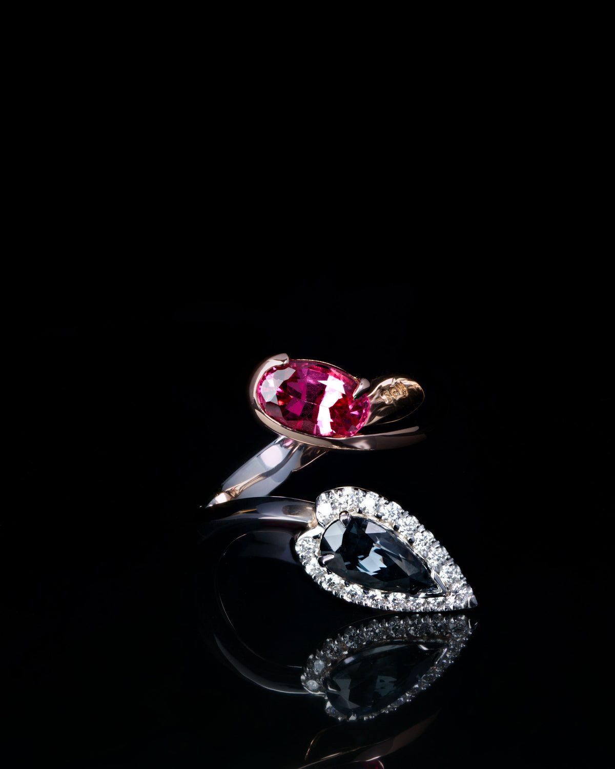 Mahenge pink spinel and Pear cut Grey Spinel Ring