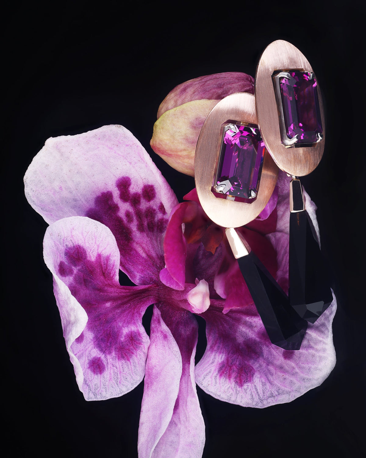 Purple Rhodolite Garnet and black Onyx Bespoke Earrings