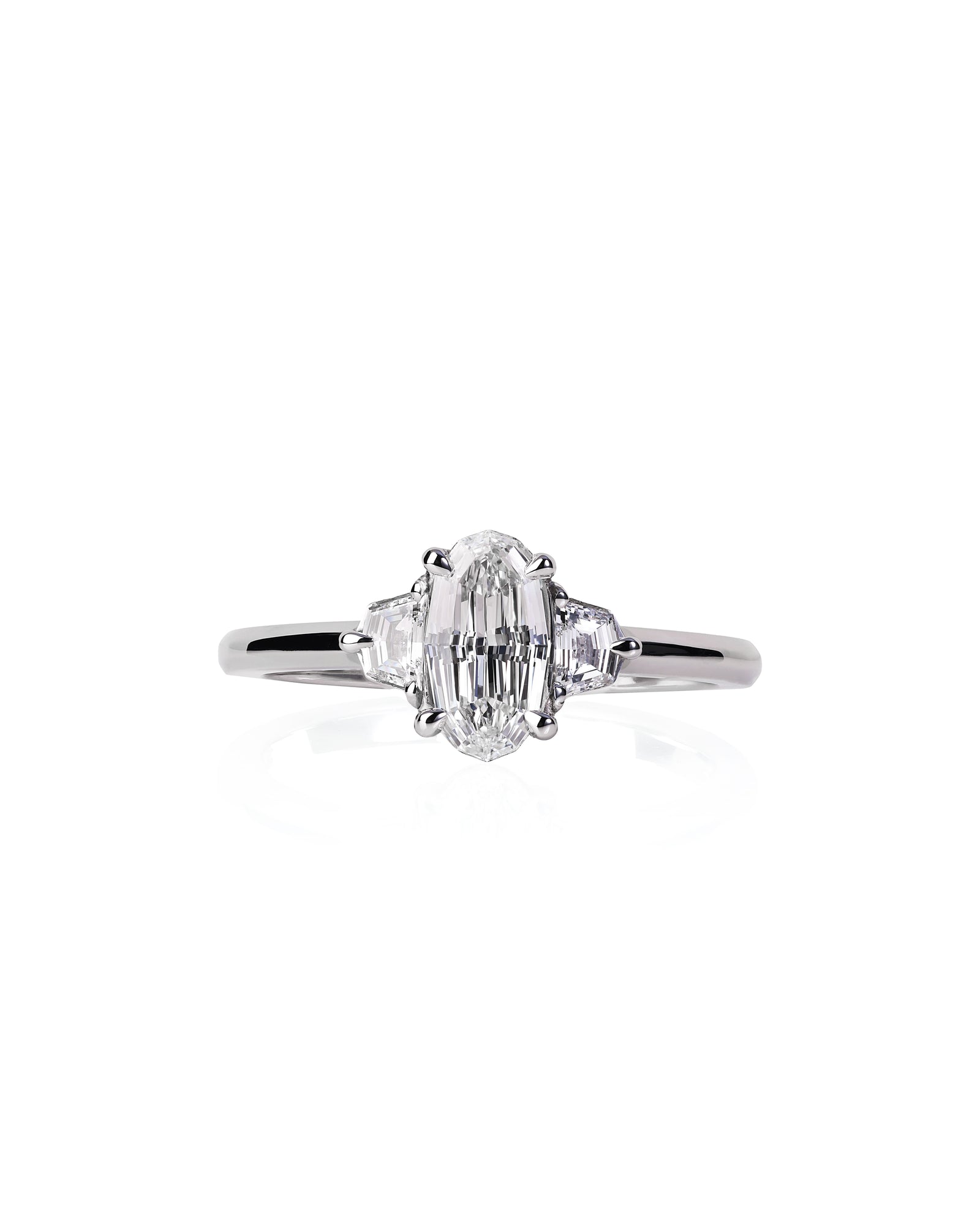 Unique .70ct Step Cut Oval Diamond Trilogy Ring in Platinum