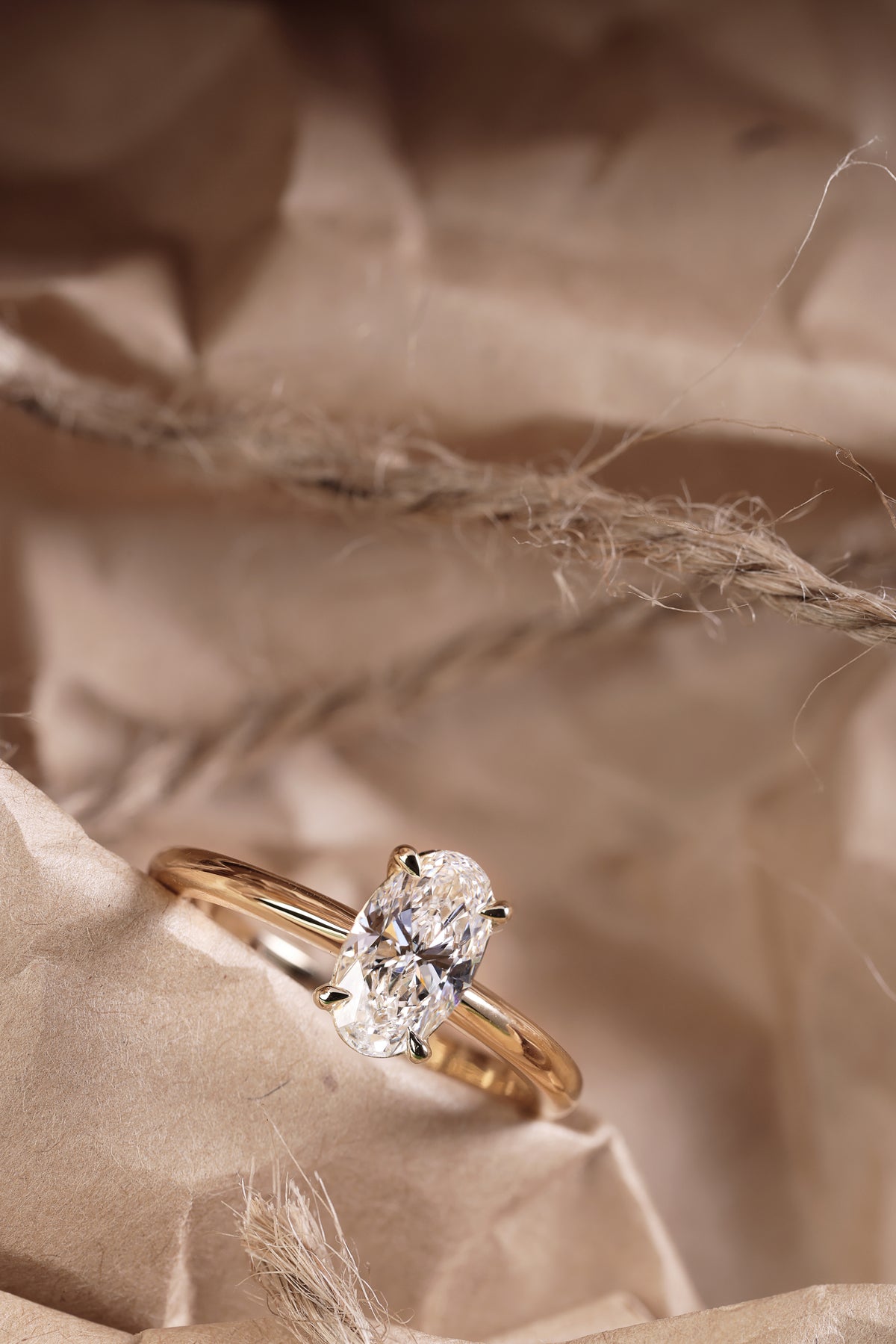 Long Oval Natural Diamond Ring in 18ct Yellow Gold