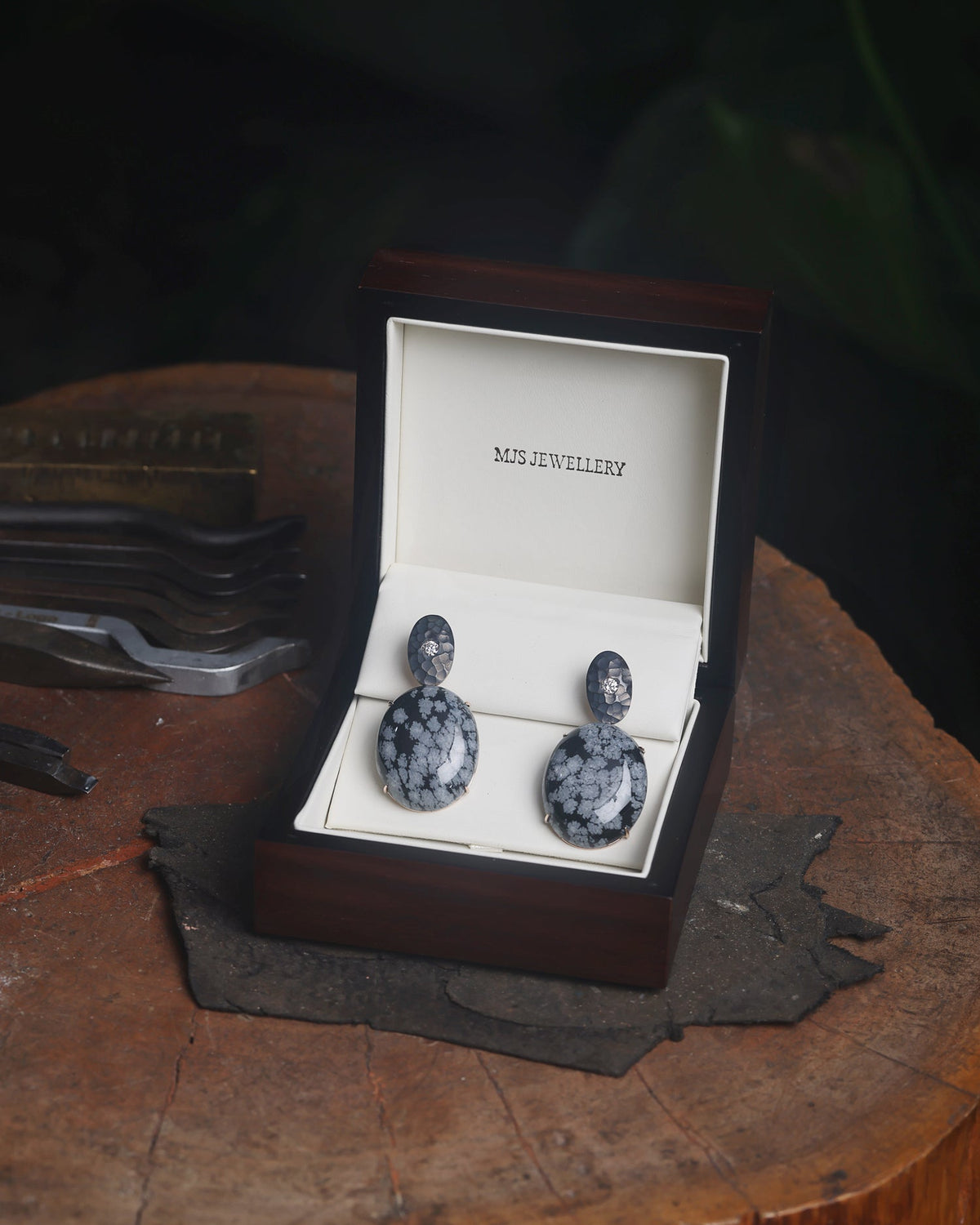 Diamond and Snowflake Obsidian Bespoke Earrings