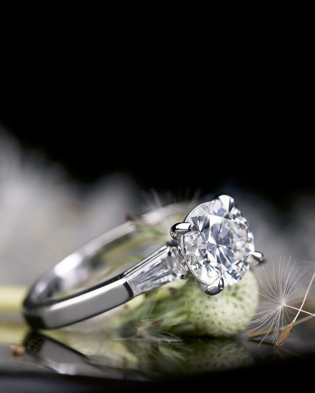 1.3ct fine round brilliant cut diamond and two tapered baguette diamonds Engagement Ring - PG-BI-009 - image 2
