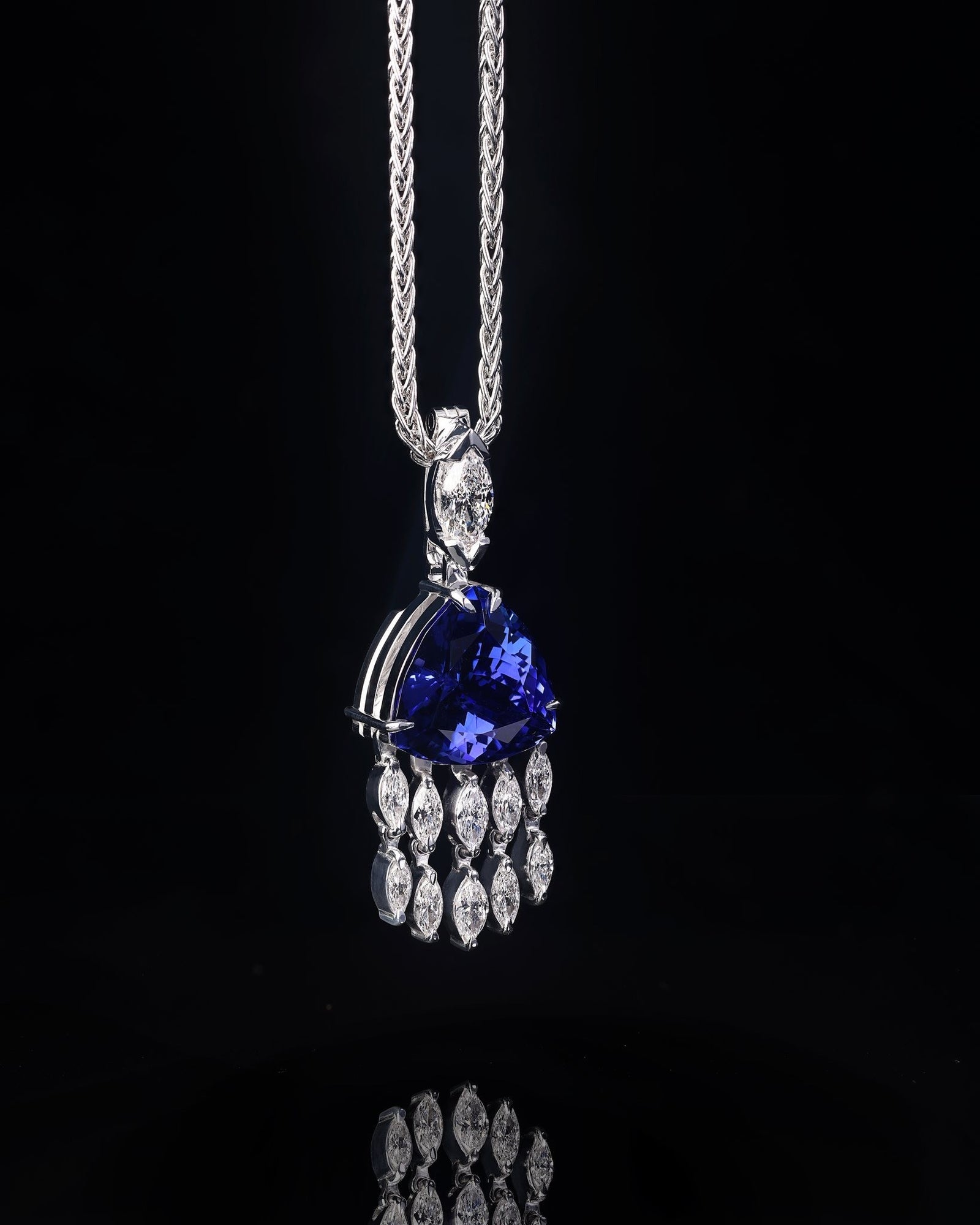 6ct Trilliant cut Tanzanite and a waterfall of Marquise Diamonds Pendant - PG-BI-017 - image 1