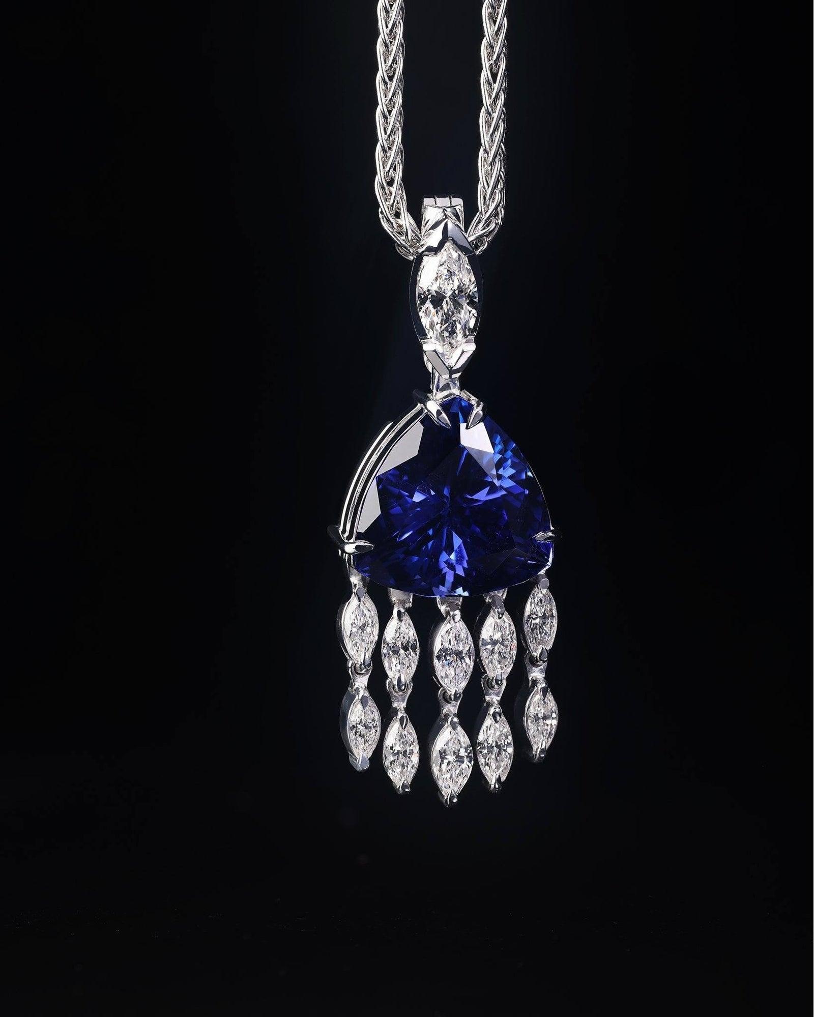 6ct Trilliant cut Tanzanite and a waterfall of Marquise Diamonds Pendant - PG-BI-017 - image 1