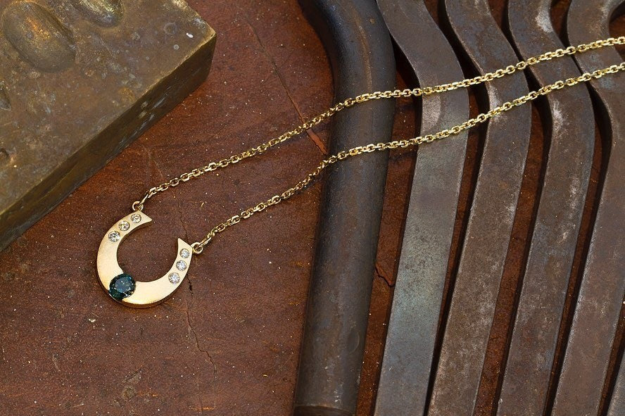 18ct yellow gold by Matthew and features a teal coloured sapphire and diamonds Pendant - PG-BI-077 - image 4