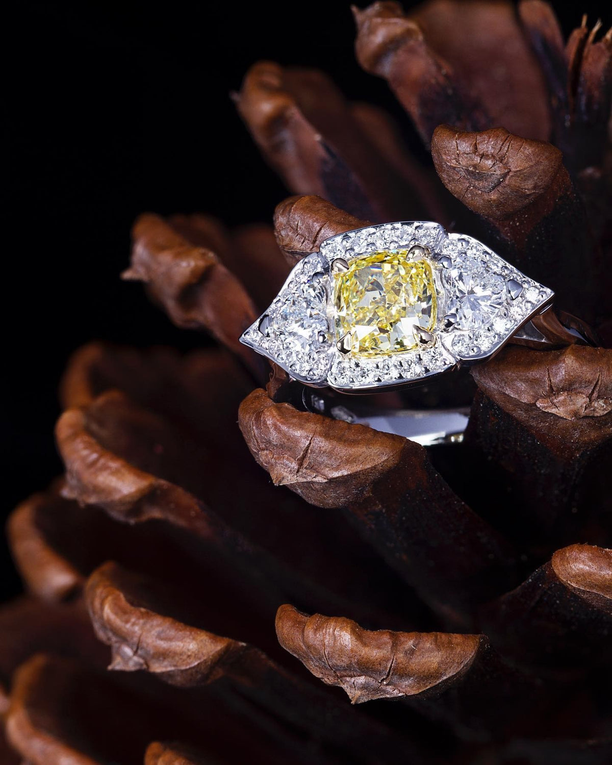 1.5ct cushion cut fancy intense yellow diamond and two heart shaped diamonds Engagement Ring - PG-BI-086 - image 1