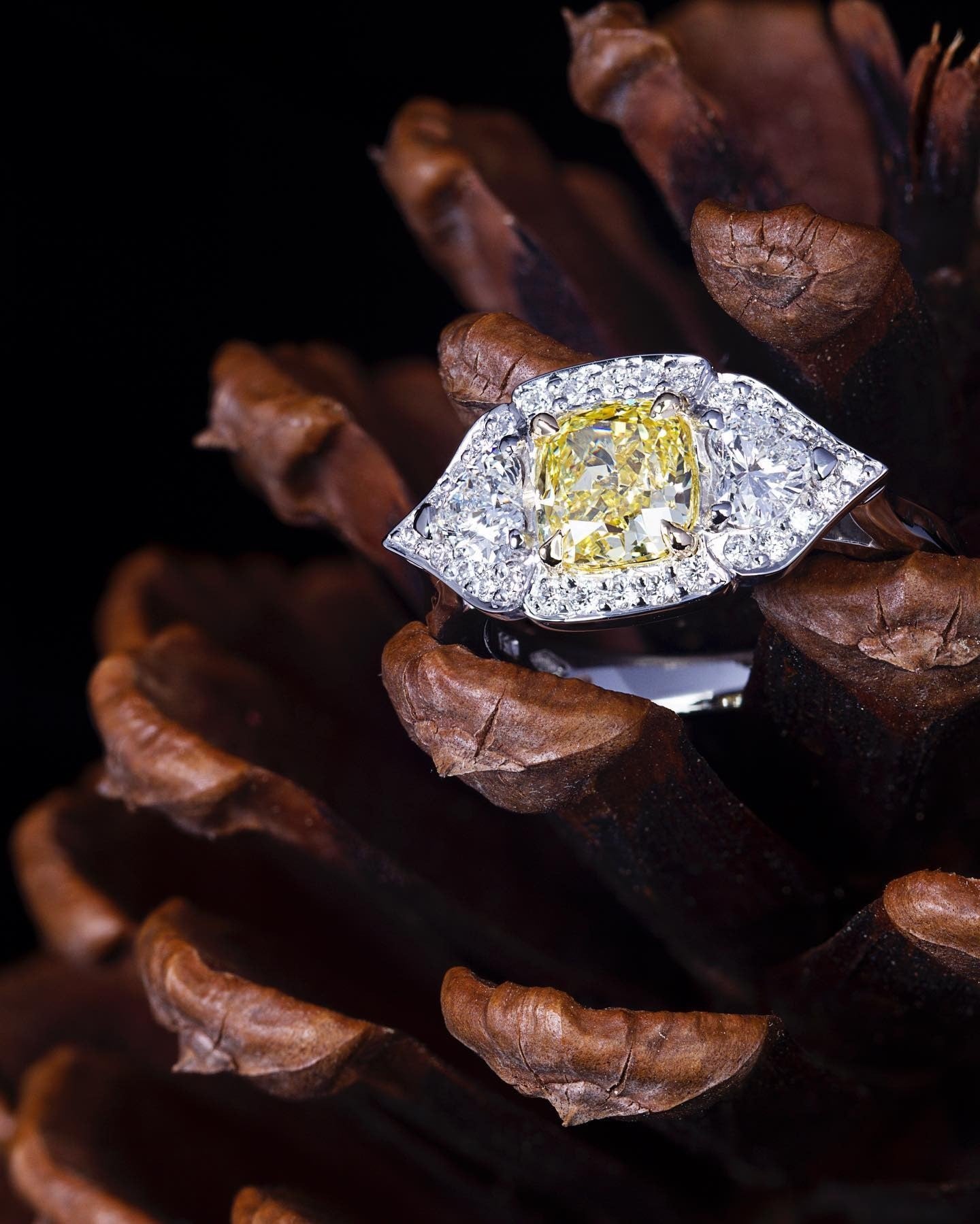 1.5ct cushion cut fancy intense yellow diamond and two heart shaped diamonds Engagement Ring - PG-BI-086 - image 1