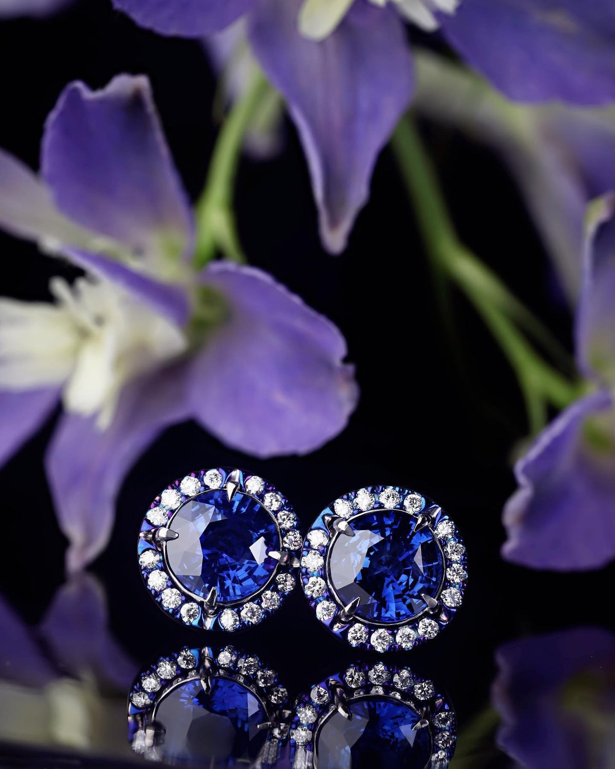 Ceylon sapphire studs surrounded by a halo of diamond Earrings - PG-BI-096 - image 1