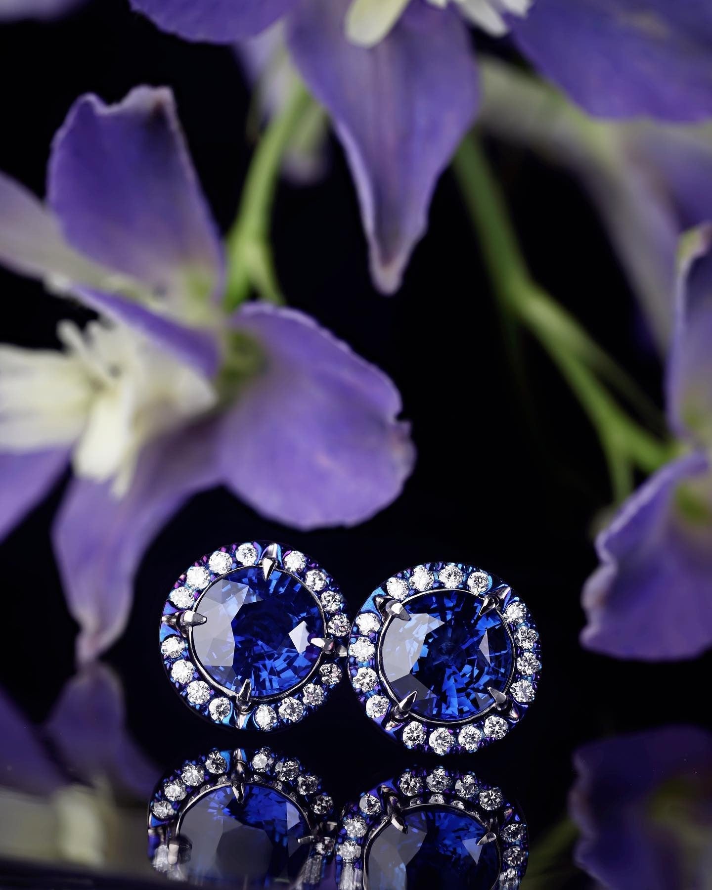 Ceylon sapphire studs surrounded by a halo of diamond Earrings - PG-BI-096 - image 1