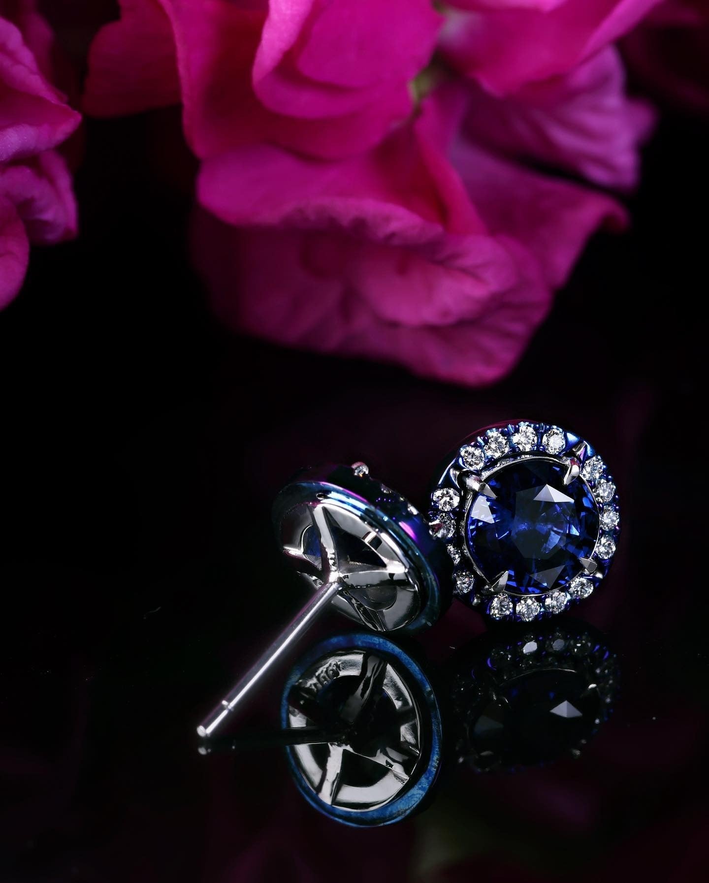 Ceylon sapphire studs surrounded by a halo of diamond Earrings - PG-BI-096 - image 1