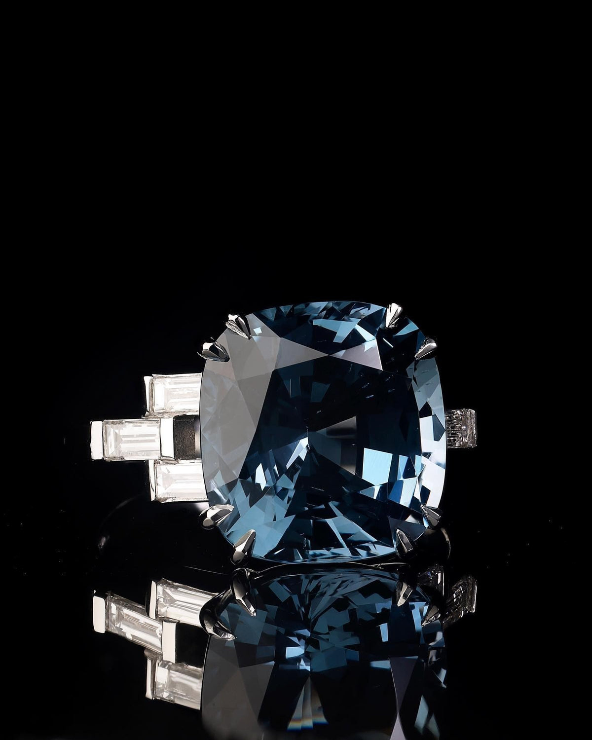 6.45ct cushion cut Blue Violet Spinel and baguette diamond dress ring - PG-BI-112 - image 1