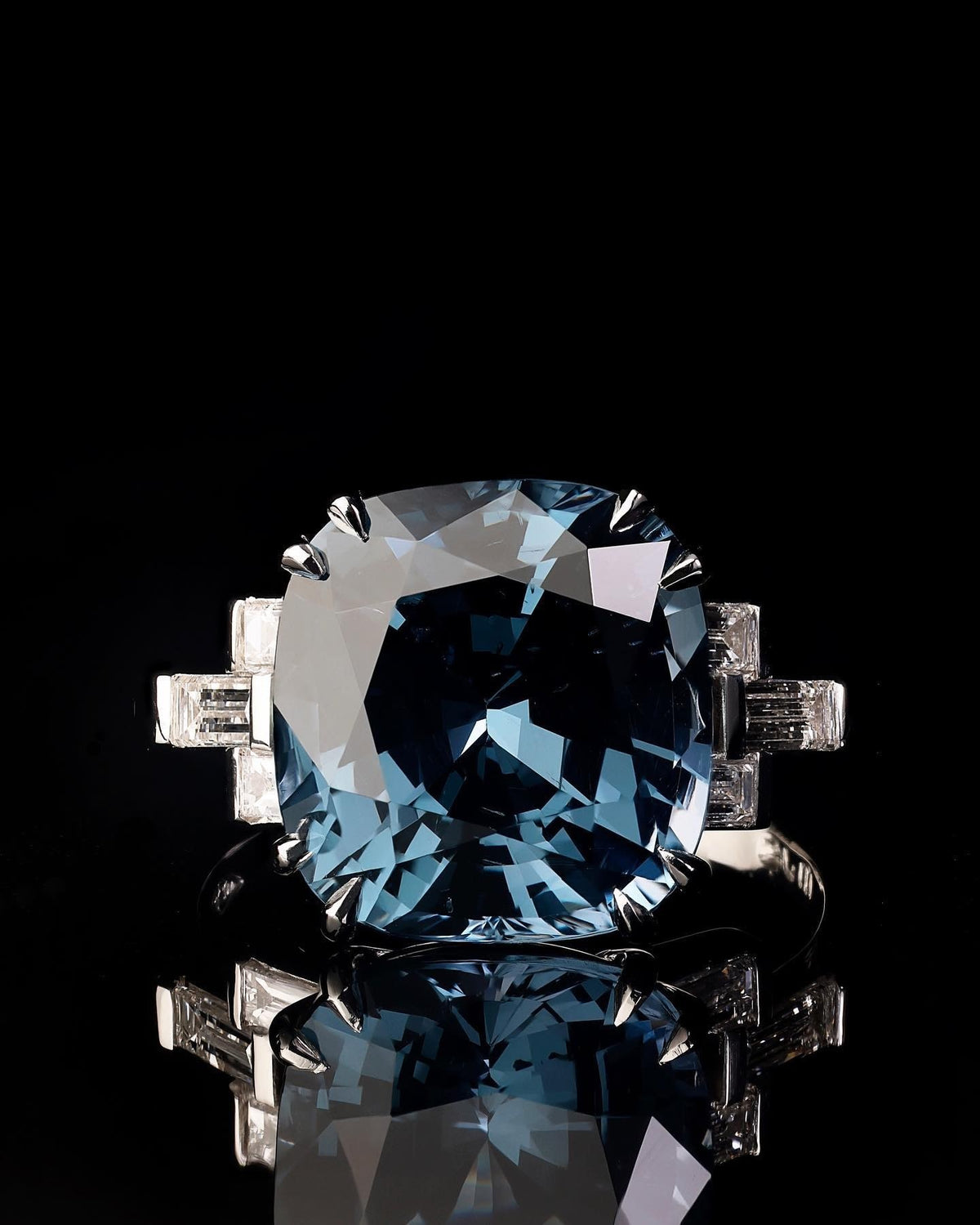 6.45ct cushion cut Blue Violet Spinel and baguette diamond dress ring - PG-BI-112 - image 2