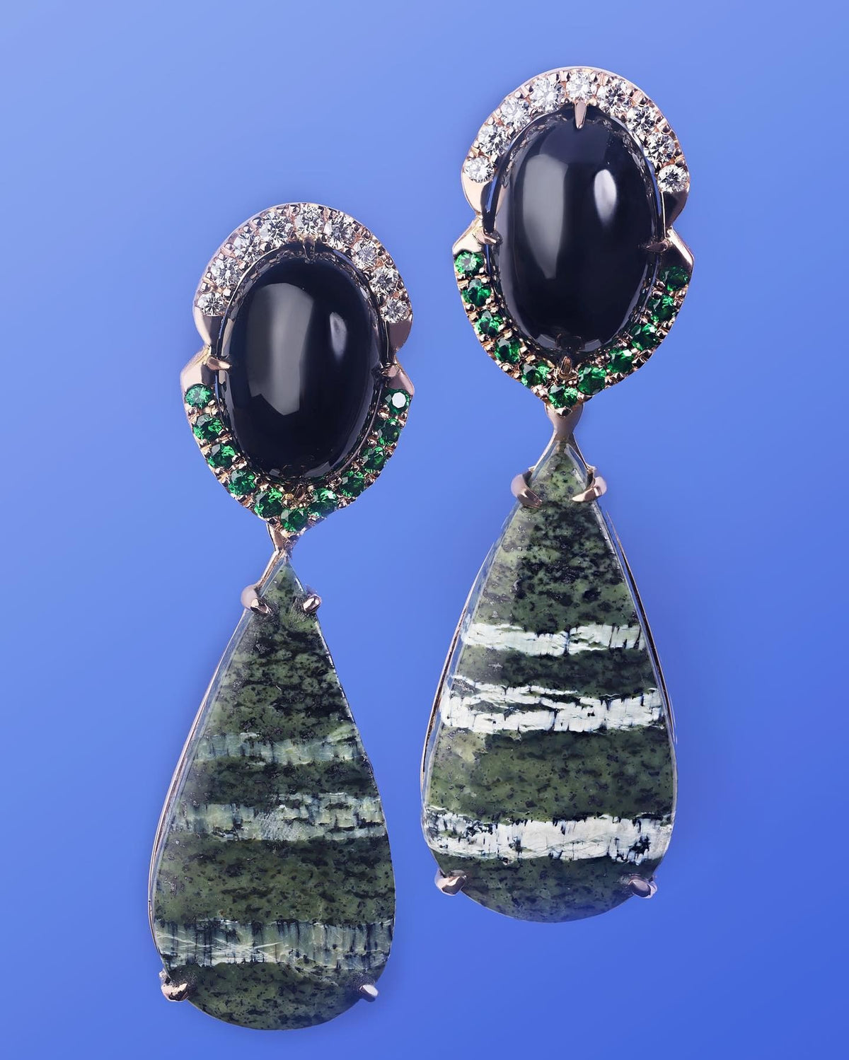 Arizona tigers eye, Black Spinel, Tsavorites and diamonds Eearrings - PG-BI-119 - image 2
