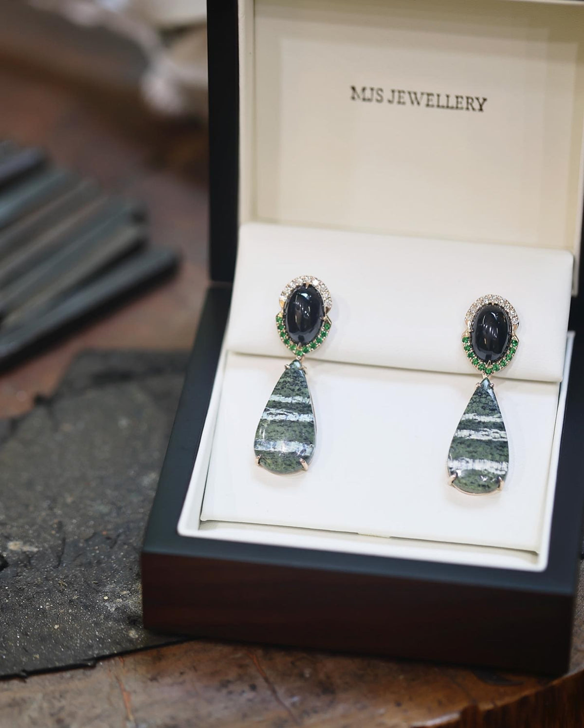 Arizona tigers eye, Black Spinel, Tsavorites and diamonds Eearrings - PG-BI-119 - image 3