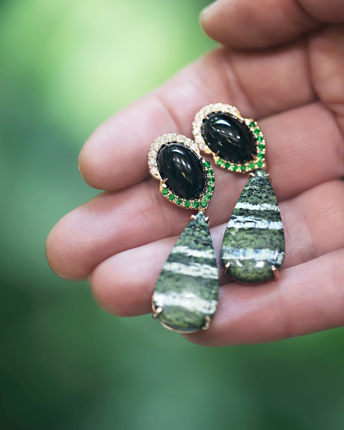 Arizona tigers eye, Black Spinel, Tsavorites and diamonds Eearrings - PG-BI-119 - image 4