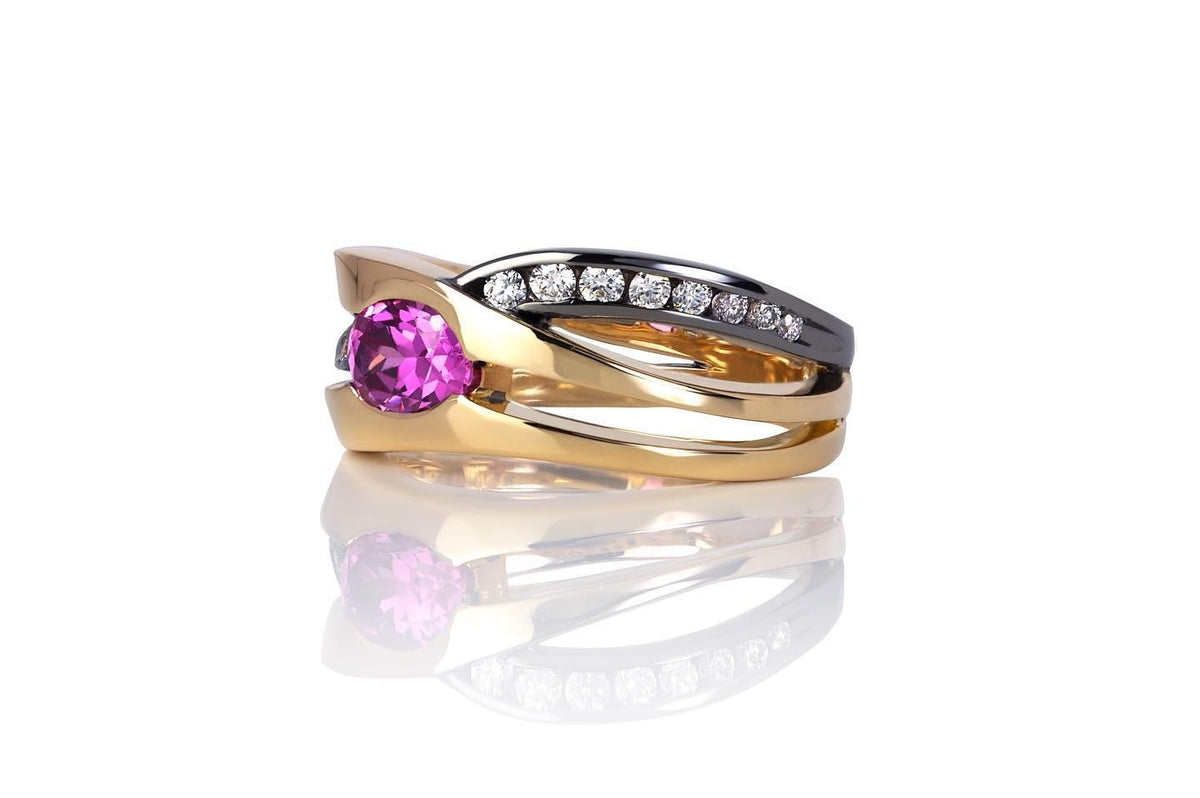 Oval pink sapphire and round brilliant cut diamonds Ring in 18ct YG - PG-BI-143 - image 3