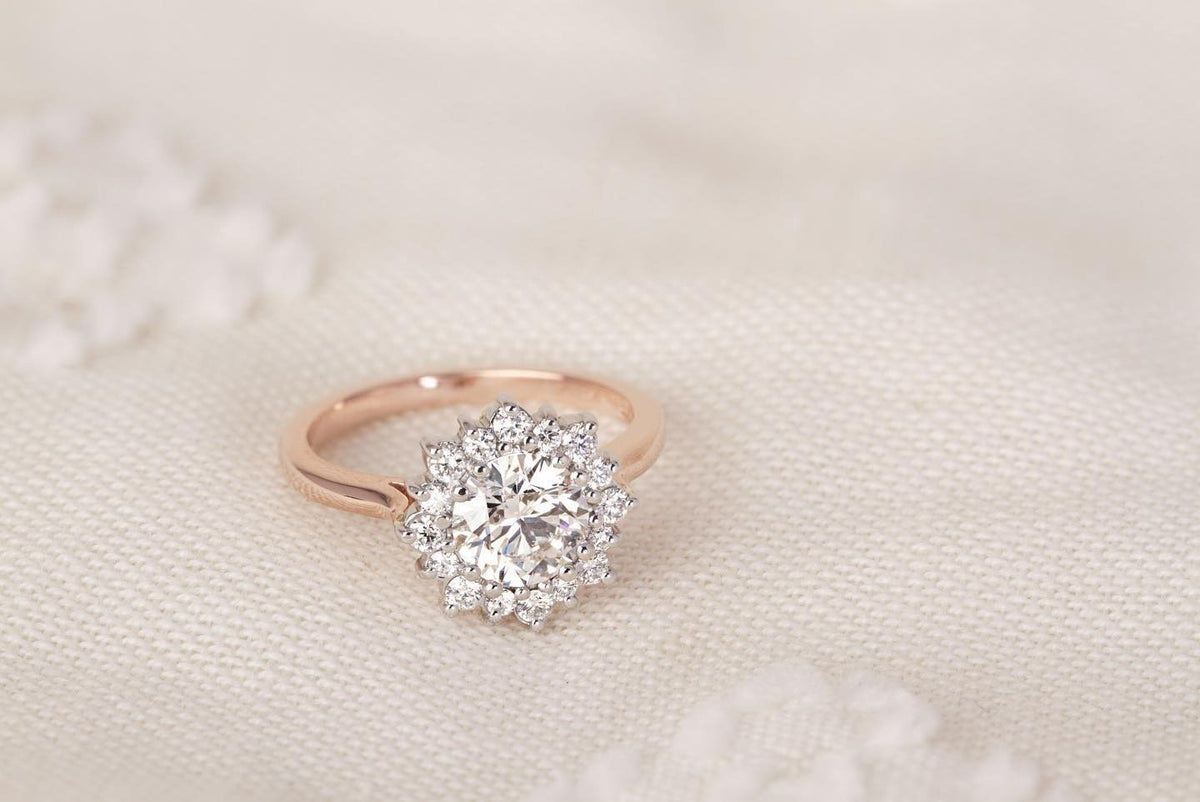 1.2ct round brilliant cut diamond set in a unique floral halo design Engagement Ring - PG-BI-203 - image 1