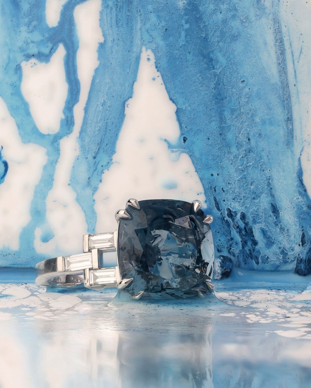 6.45ct cushion cut Blue Violet Spinel and baguette diamond dress ring - PG-BI-207 - image 1