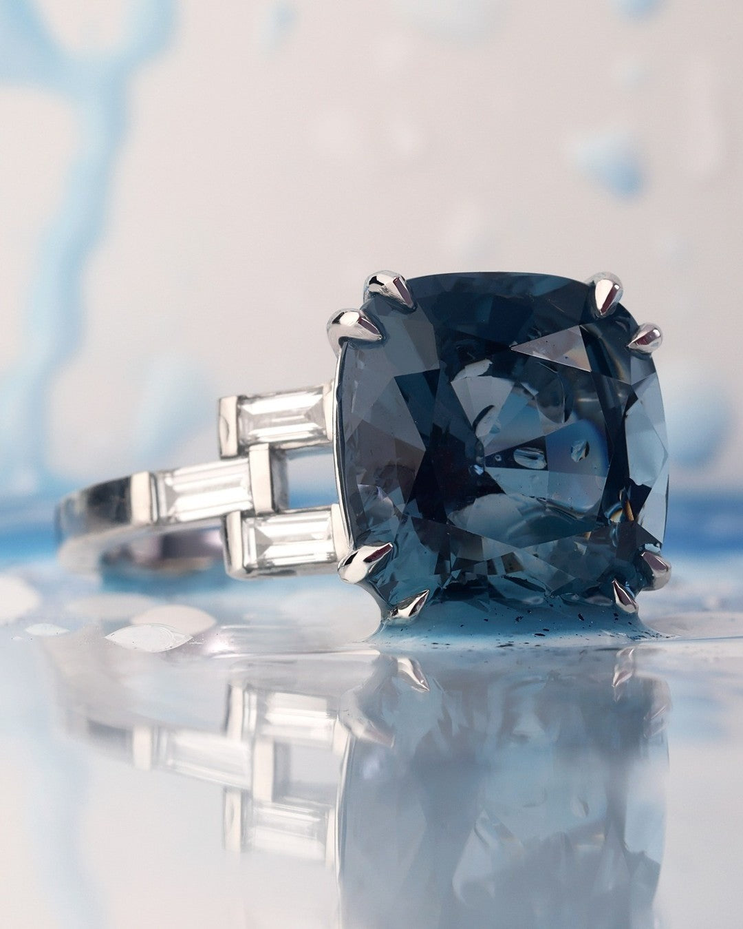 6.45ct cushion cut Blue Violet Spinel and baguette diamond dress ring - PG-BI-207 - image 2