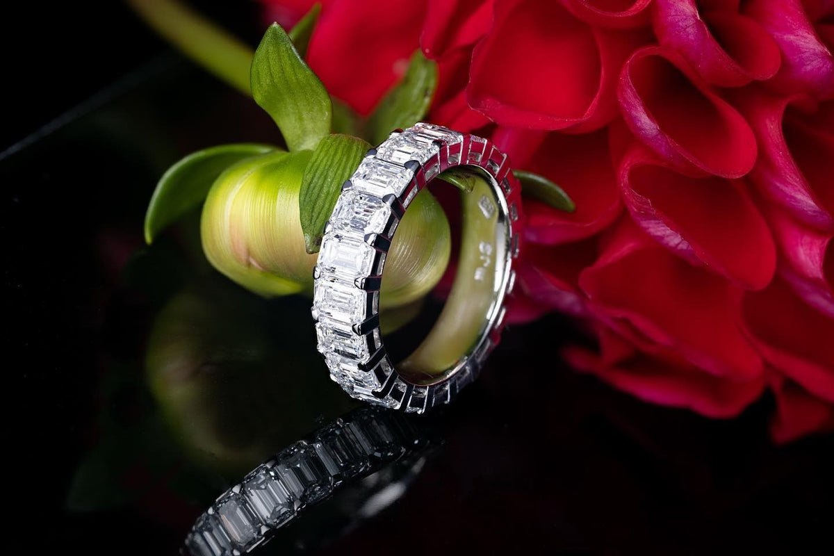 5ct fine white Emerald cut diamond band handcrafted by Matthew in platinum with comfort fit interior Wedding B - PG-BI-265 - image 3