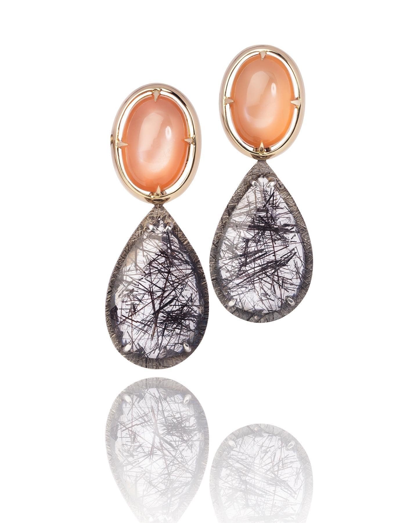 18ct Yellow gold and Platinum featuring cabochon Orange Moonstones and Black Rutilated Tourmaline Quartz Earri - PG-BI-313 - image 1