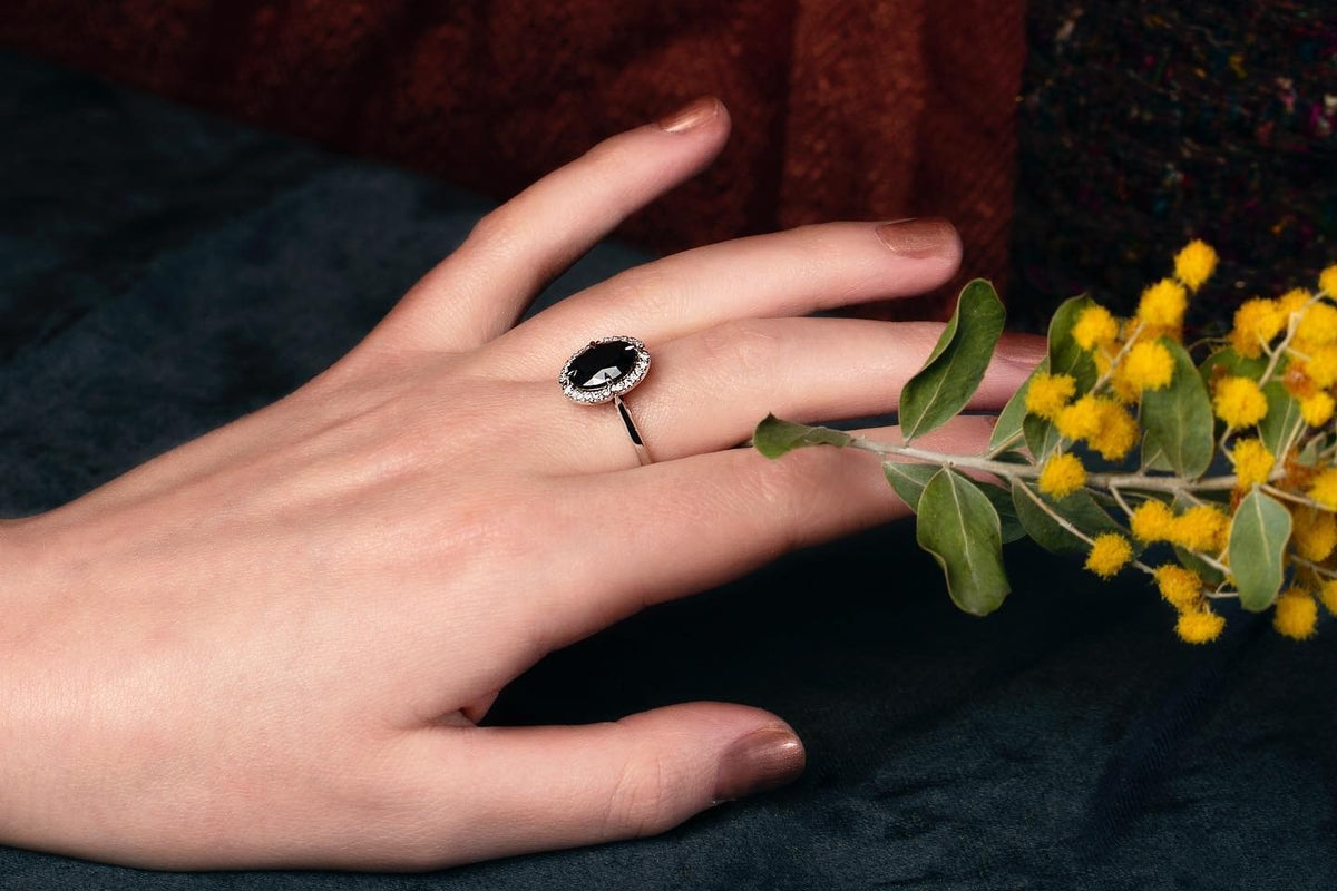 3.26ct Oval Australian Black Sapphire and diamond halo ring handcrafted in platinum by Matthew - PG-BI-376 - image 1