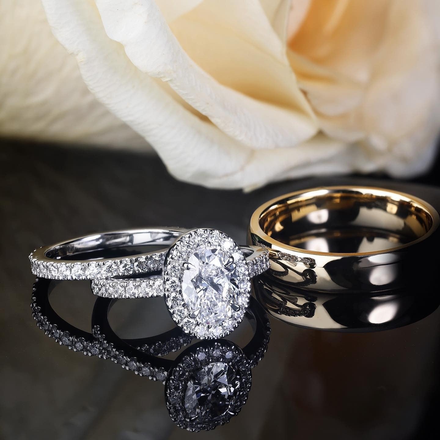 1.2ct Oval cut diamond platinum engagement ring with matching full circle diamond set wedding band; His - PG-BI-416 - image 1