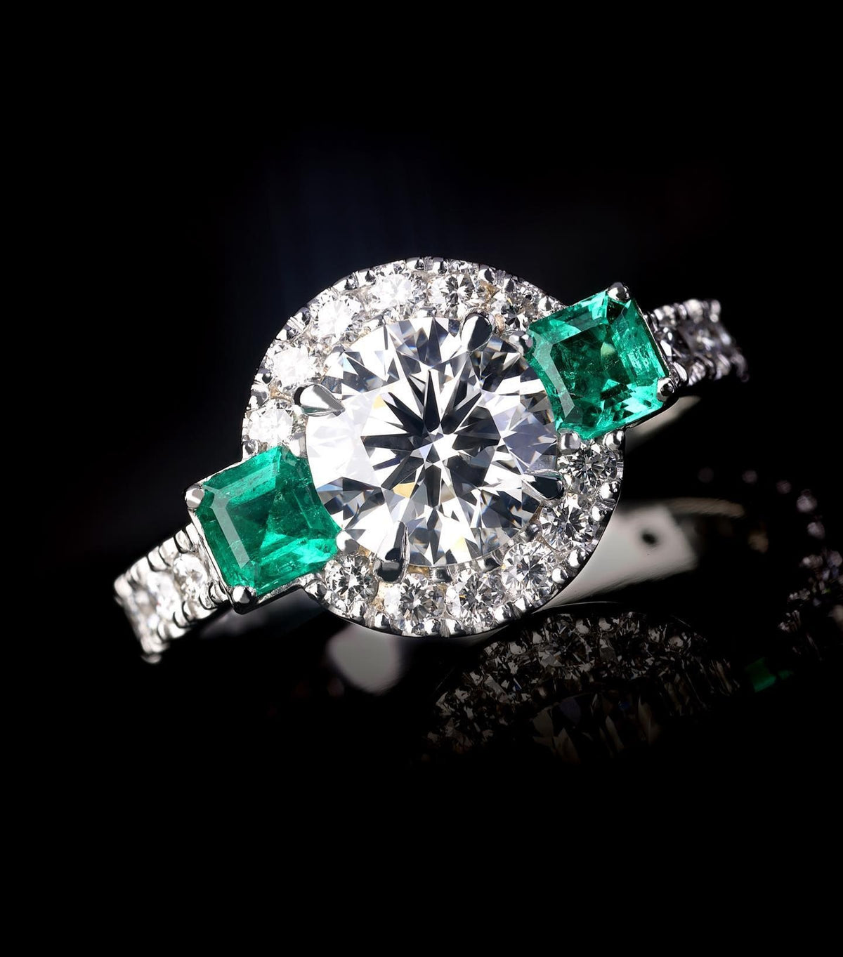 1.5ct round brilliant cut Diamond and two emeralds gifted from mother to daughter Engagement Ring - PG-BI-501 - image 1