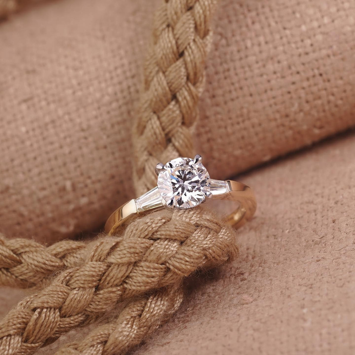 1.2ct round brilliant cut diamond engagement ring featuring two tapered baguette diamonds - PG-BI-504 - image 1