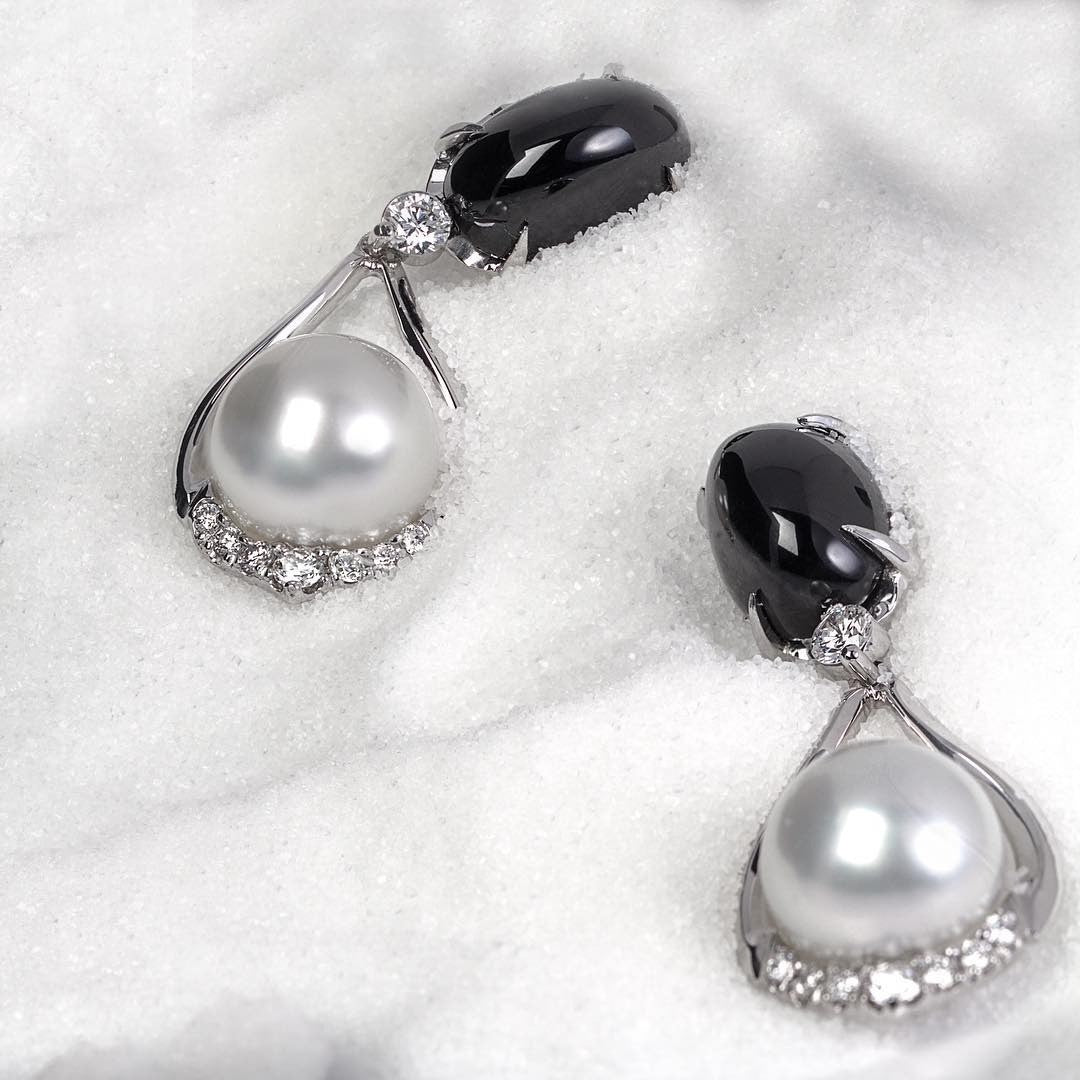 Australian South Sea pearl and black spinel diamond Earrings - PG-BI-616 - image 1