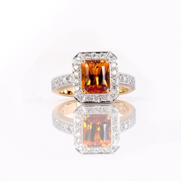 2.86ct Radiant cut spessartite ( mandarin ) garnet with diamond surrounds Ring - PG-BI-697 - image 1