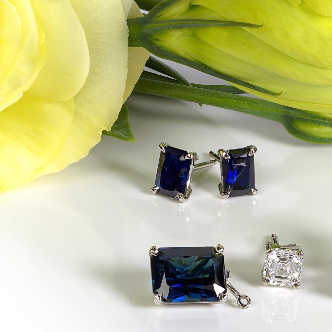Australian Inverell sapphire and asscher cut diamond Earrings - PG-BI-730 - image 1