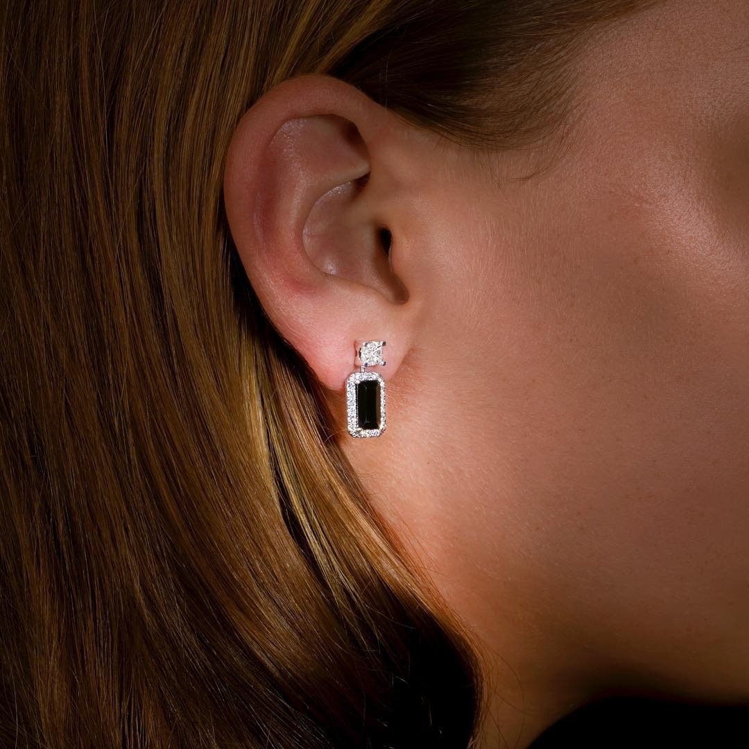 Australian black sapphire and asscher cut diamond Earrings - PG-BI-779 - image 1