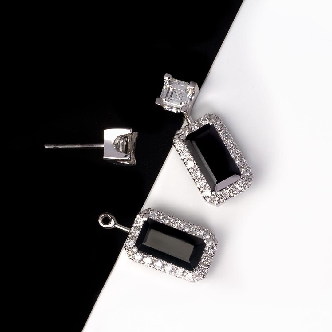 Australian Black Sapphire and asscher cut diamond Earrings - PG-BI-819 - image 1