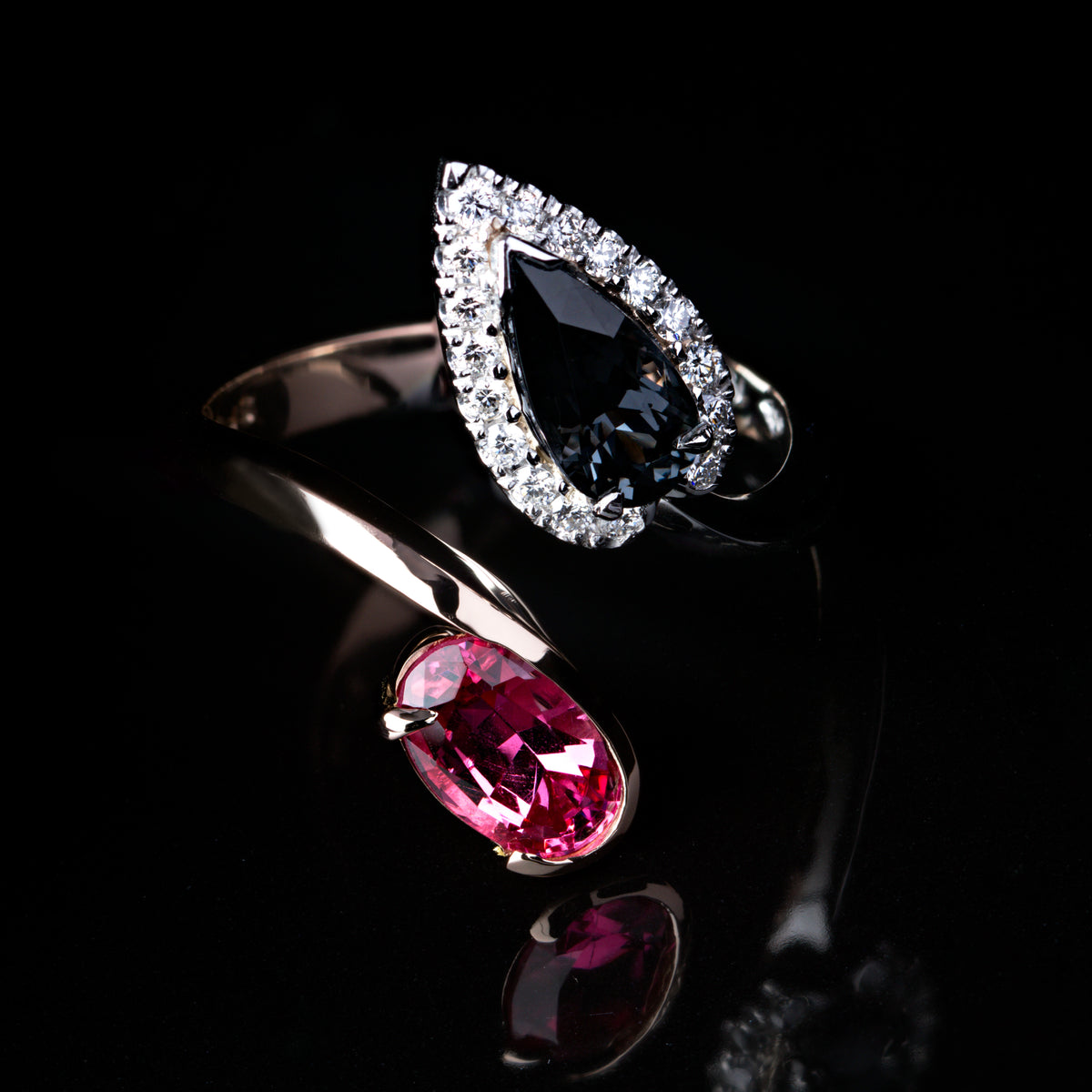 Mahenge pink spinel and Pear cut Grey Spinel Ring