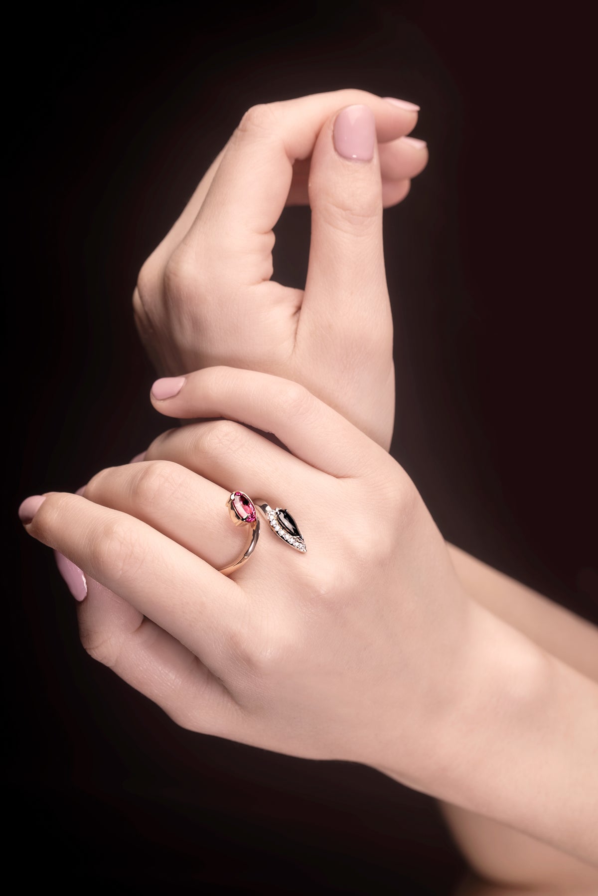 Mahenge pink spinel and Pear cut Grey Spinel Ring