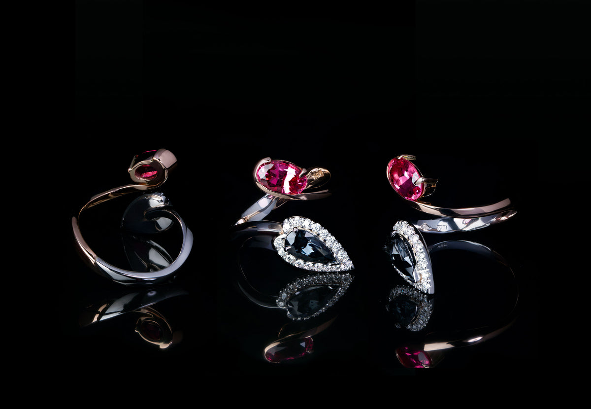 Mahenge pink spinel and Pear cut Grey Spinel Ring