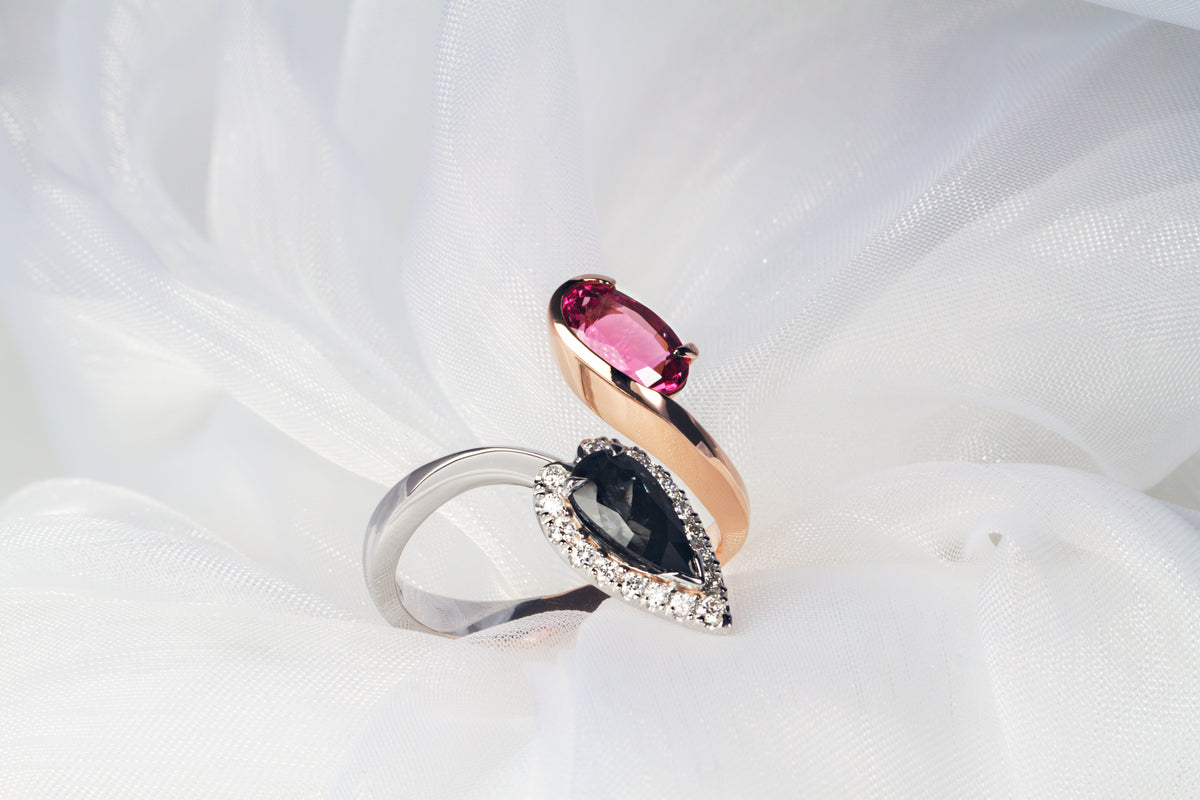 Mahenge pink spinel and Pear cut Grey Spinel Ring